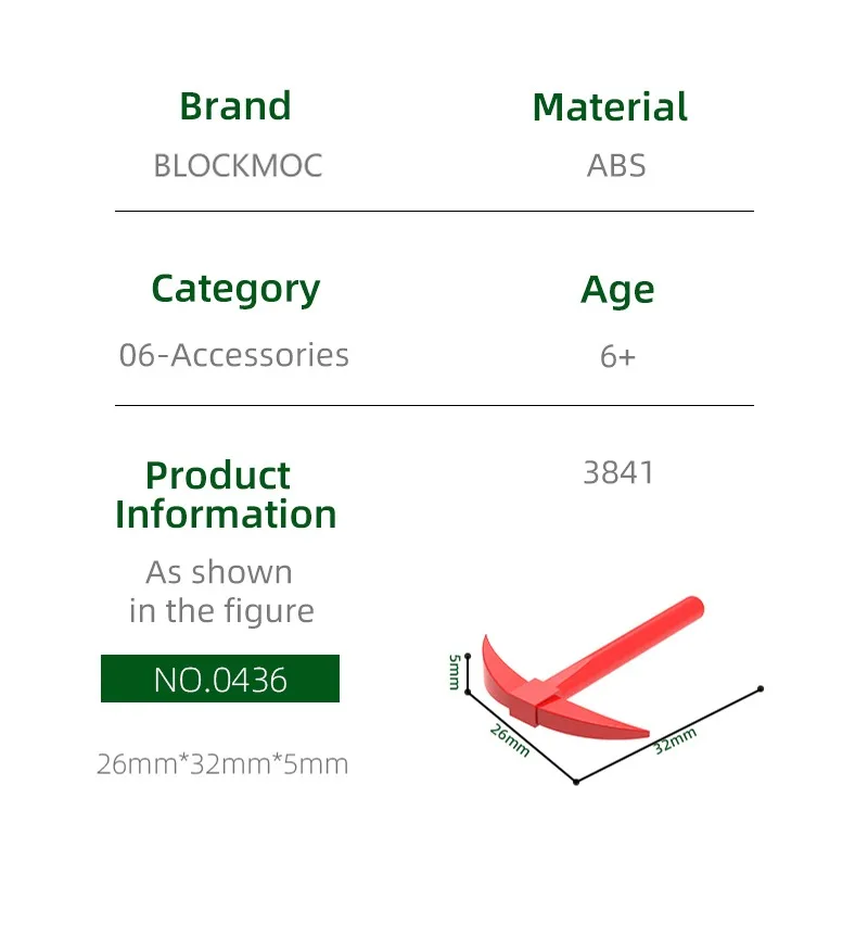 BLOCKMOC 3841 Plastic Pickaxe Building Block Moc Farm Tool Accessories Compatible with Brick for Children's Model Toys and Gifts