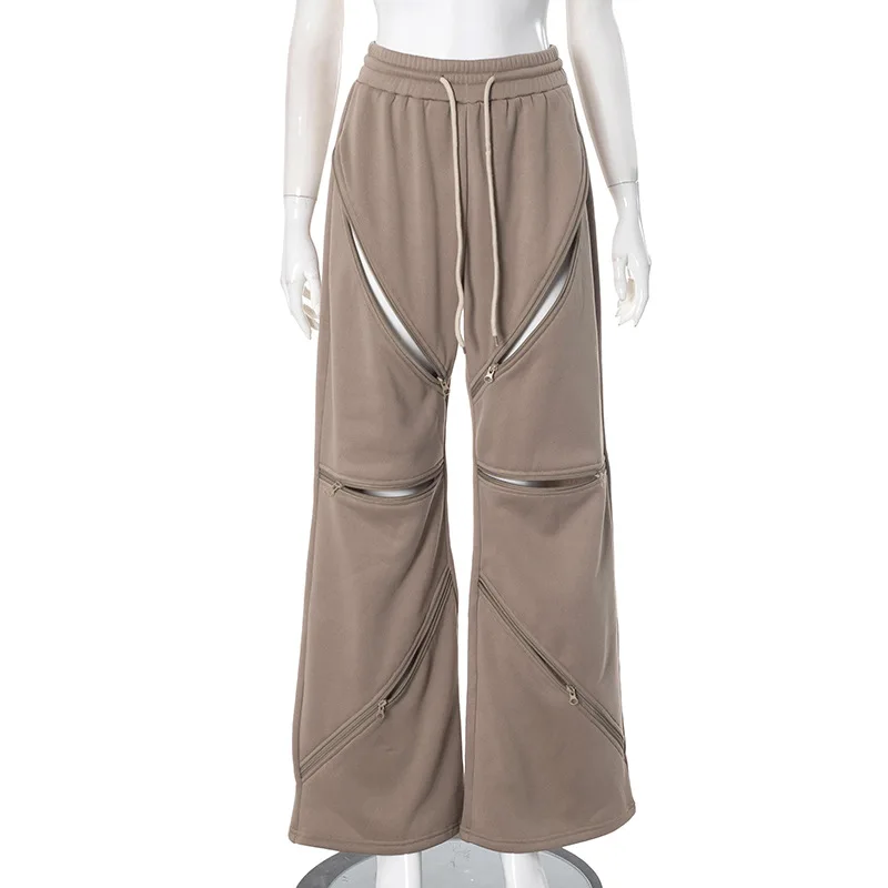 European American Vintage Fashion Casual Multi-zipper Pocket Regular Sports Boot Cut Long Pants