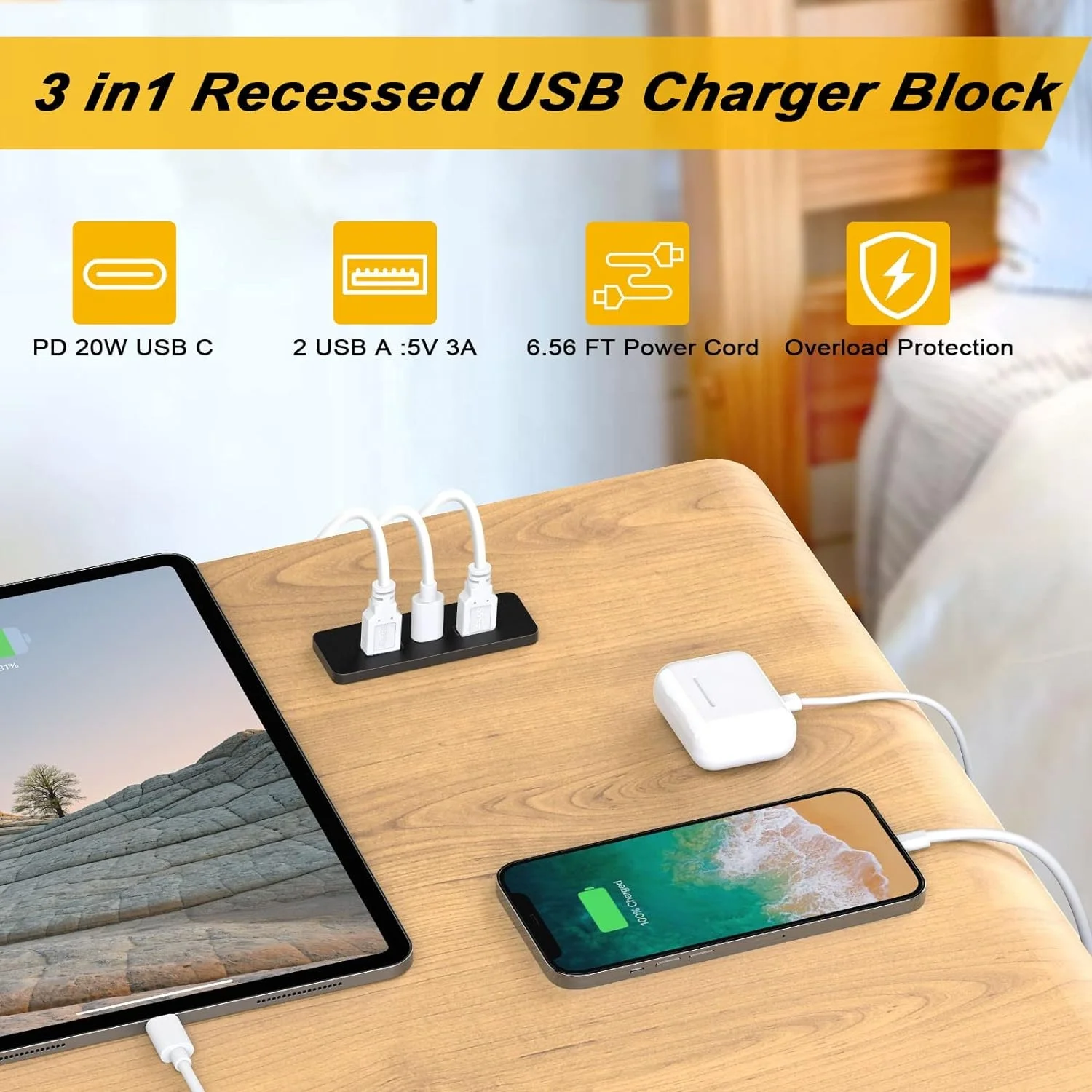 Recessed USB Hub Block Charging Station with PD 20W USB C3 in 1 Recessed USB Power Strip Outlet Fast Charging Mounted in Bed Des