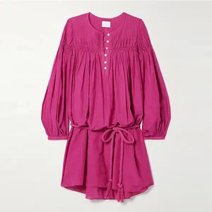 Clothing Manufacturer Custom Fuchsia Crew Neck Long Sleeve Drawstring Cotton Tulle Women Mini Dress