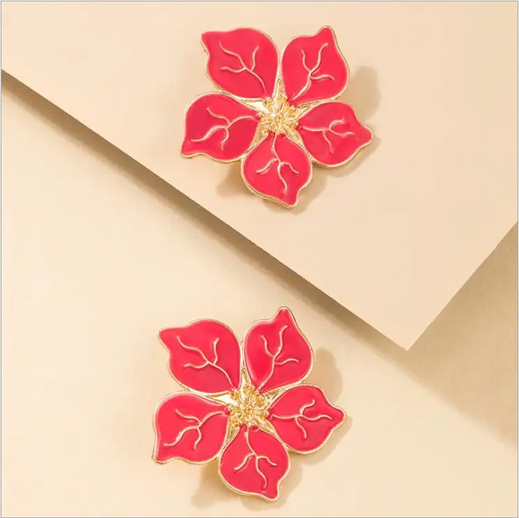 
 Vintage Peony Flower Stud Earring for Women Red Geometric Dripping Oil Metal Female Wedding Jewelry Accessories  