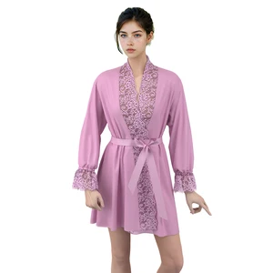 Elegant Satin Long Sleeve V-neck Night Robe Elastic Waist Drawstring Closure Breathable Soft Thermal Sleepwear Lingerie Short