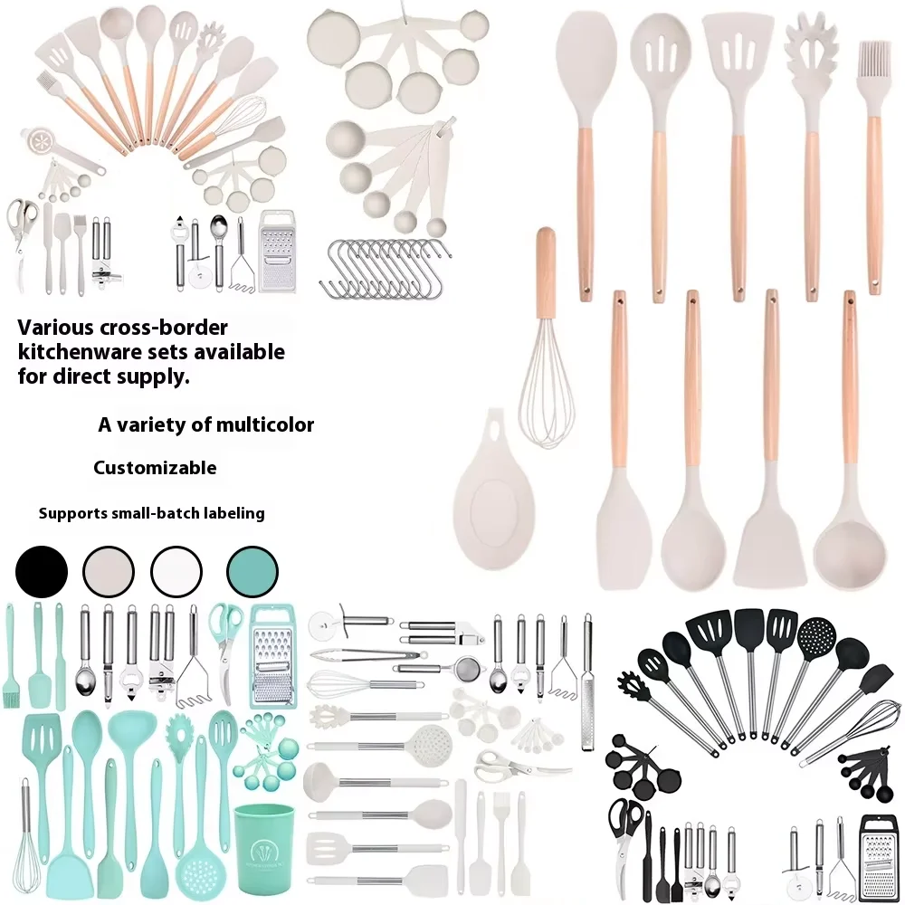 Wholesale Kitchen Utensils Kitchen Set Wooden Handle Silicone Cooking Tools Utensils Variety of Silicone Kitchenware Suit