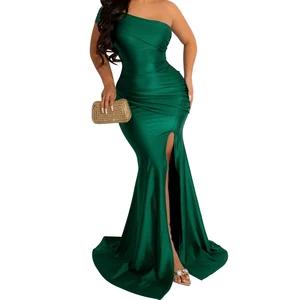 New Arrival Woman Elegant One Shoulder Sleeveless Ruched Slit Formal Maxi Evening Dress