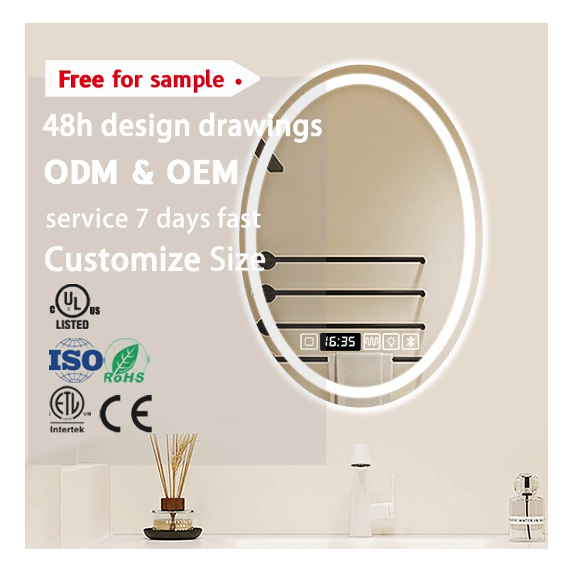 Miroir ovale de maquillage LED haut de gamme pour hôtel, avec éclairage intelligent, écran tactile, miroir de salle de bain numérique affichant l’heure et doté de la fonction Bluetooth