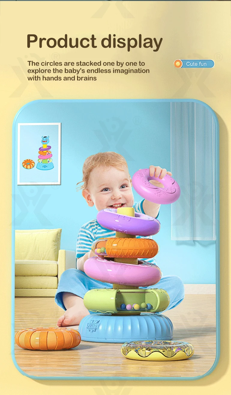 Chengji hot selling juguetes educational new born baby plastic toy musical rainbow stacking ring tower