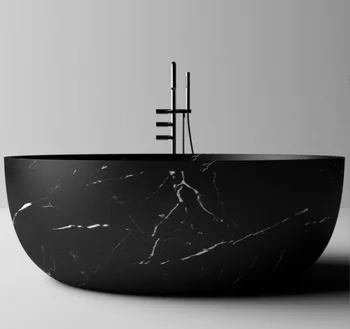 High Quality Large Size Artificial Stone Black Marble Round Bathtub Floor Free Standing Bath Tub