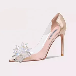 Lilywei Wholesale OEM/ODM Large Size Women Slip-On Transparent Crystal Stiletto Pointed High Heels Comfortable