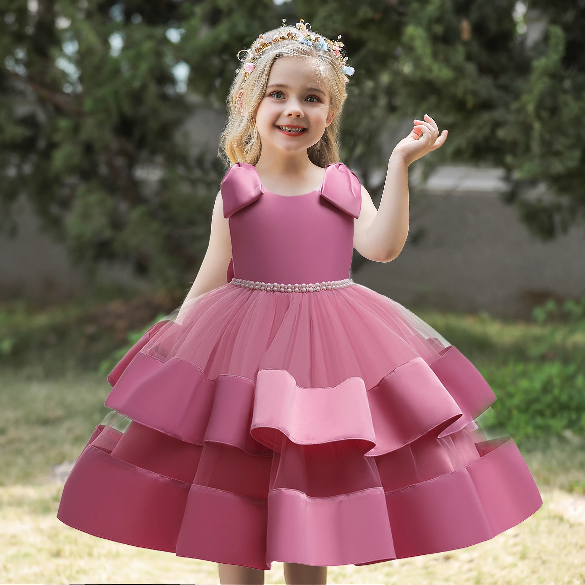 Fsmktz Wholesale Flower Girls Wedding Party Frock Stain Big Bow