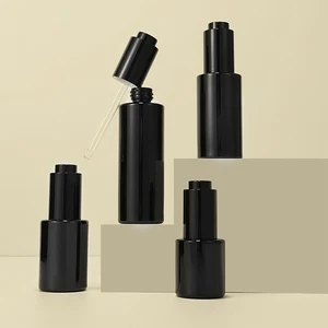 Stock 20ml 30ml 1OZ 40ml 60ml Cosmetic Beard Oil Glass Push Dropper Bottle Shiny Black Serum Oil Bottle With Push Button Dropper