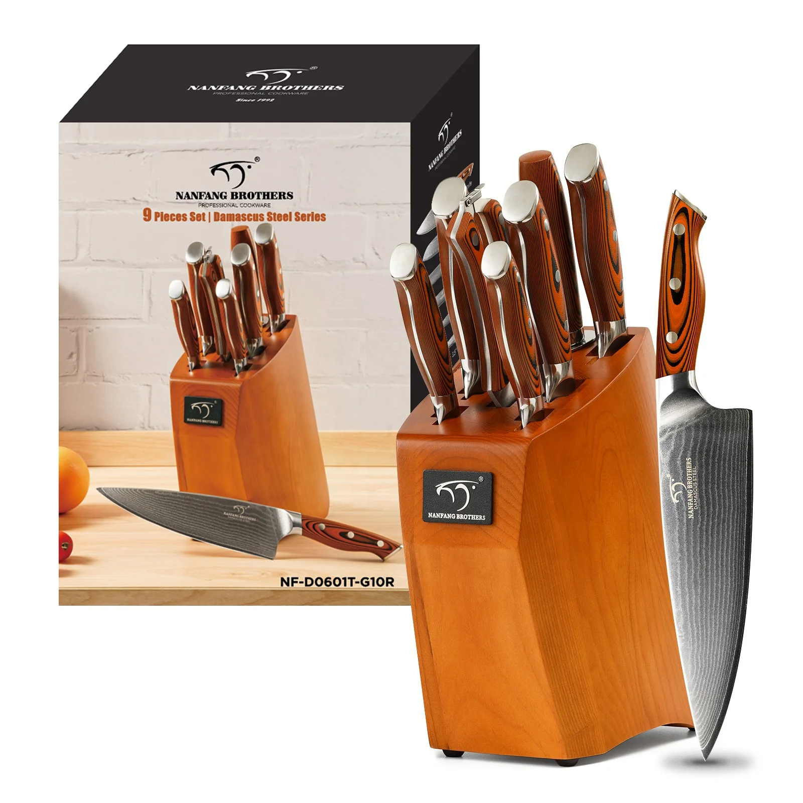 Conjunto de 9 facas de aço damasco com cabo em G10 para carnes, frutas e legumes, com bloco de madeira para facas e tesoura._voghion.com