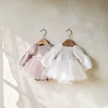 2025 Ins Spring and Autumn Girls Infant Clothes Korean Style Sweet Baby Romper Pure Cotton Skirt Puff Sleeve O-Neck Jumpsuits