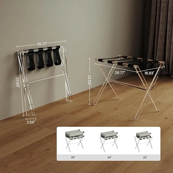 Porte-Valise Pliable En Acrylique Luxe – Support Bagage Chambre/Hôtel Avec Sangles Cuir, Robuste 100 Kg, Design Moderne Transparent