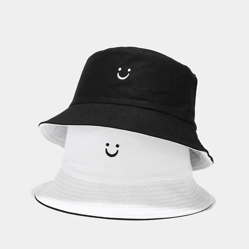 Wholesale Smiling Face Foldable Beach Sun Bucket Hats Custom Embroidered Fisherman Cap for Women Men