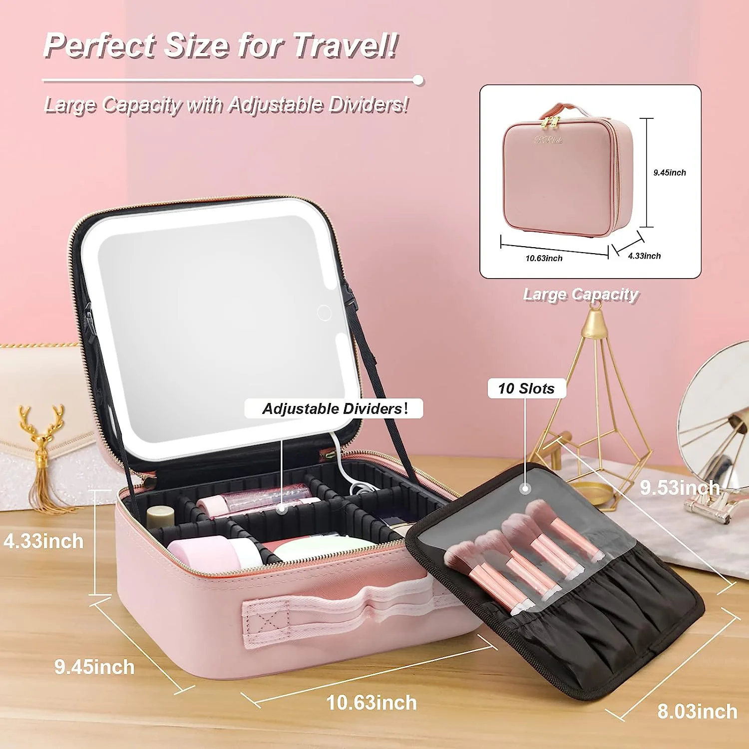 Custom Professional Storager Cosmetic Waterproof Leather Light up Travel  Makeup Bag With Led Mirror