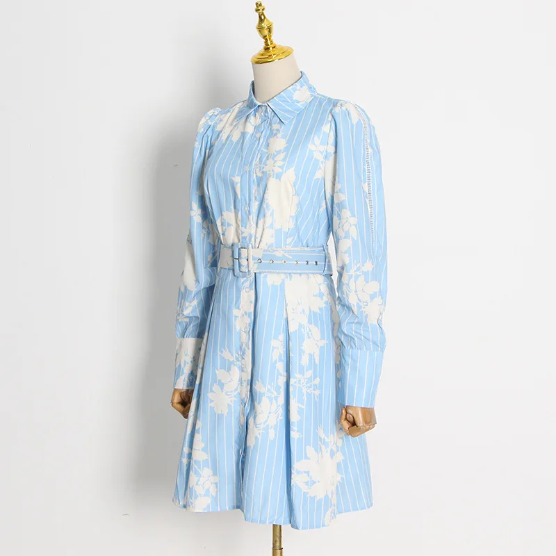 Blue Fresh and Sweet Style Contrast Color Short Dress 2022 Autumn New Printed Shirt Collar High Waist Waist Dress Women