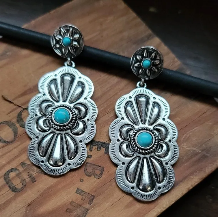 New Popular Latest Retro Creative Unique Cute Alloy Geometric Turquoise Earrings
