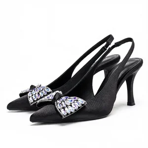 8503-37 Hot Selling Fashion Elegant Pointed Toe Bow Rhinestone High Heeled Sandals Ladies Sandals Women Banquet Dress High Heels