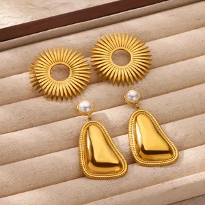 MW Fashion Zircon Imitation Pearl Flower Drop Earrings Stainless Steel 18K Gold-plated Non Fading Geometric Stud Earrings