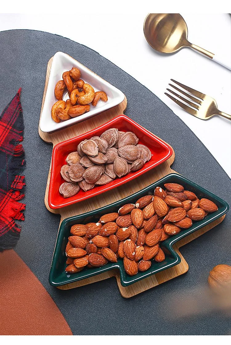 Christmas Tree Shaped Plates with Bamboo Tray Candy Nut Serving Container Platters Snacks Fruits Plate Ceramic Snack Tray details