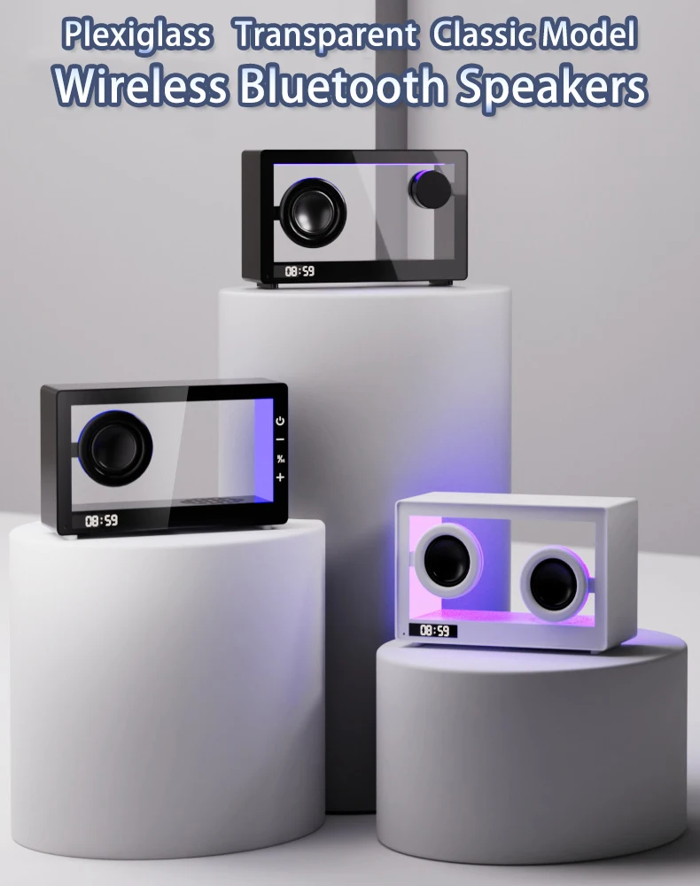 Factory Directly Supply DC5V 800mAh Classic Model Transparent Wireless Bluetooth Speaker with LED clock Display TF Card Playback