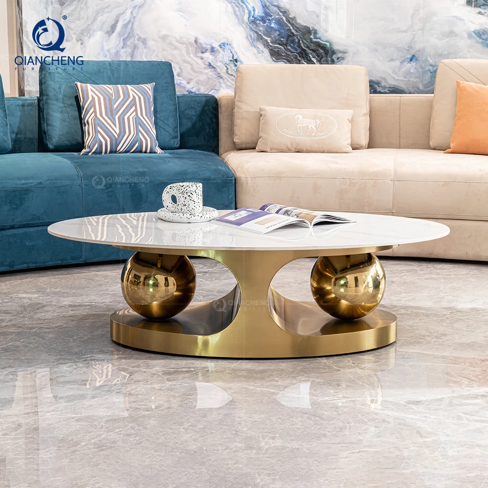 Dubai Design Coffee Table High-end Villa Custom Villa Hotel Home Furniture Oval Marble Stainless Steel Base Gold Center Table