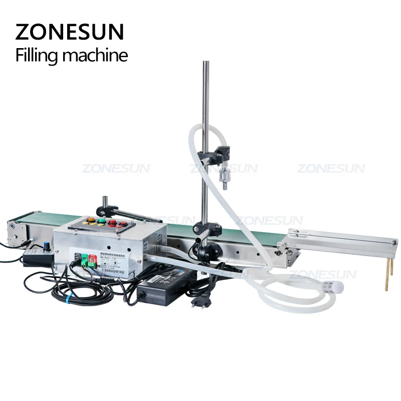 ZONESUN Small Scale Digital Plastic Bottle Soft Drink Juice Perfume Essential Oil Liquid Filling Machine With Conveyor
