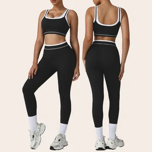 Women's 2 Pcs Activewear Sports Sets Breathable Color Block Sleeveless U Back Yoga Bra and Workout Leggings Gym Fitness Set
