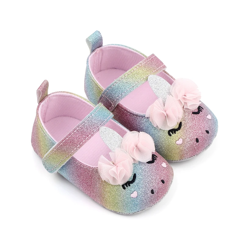 Glitter Cute unicorn Baby Girls Soft Sole Shallow Mouth Cartoon Flower Princess Toddler Shoes supplier