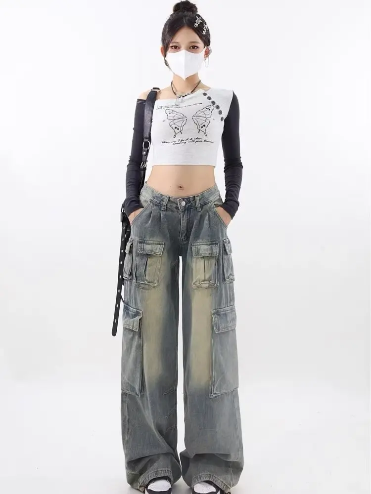ODM Supply High-Waist Multi-Pocket Cargo Pants Vintage Bleached Jean Denim Trousers Light Washed Woven Summer Pants for Women