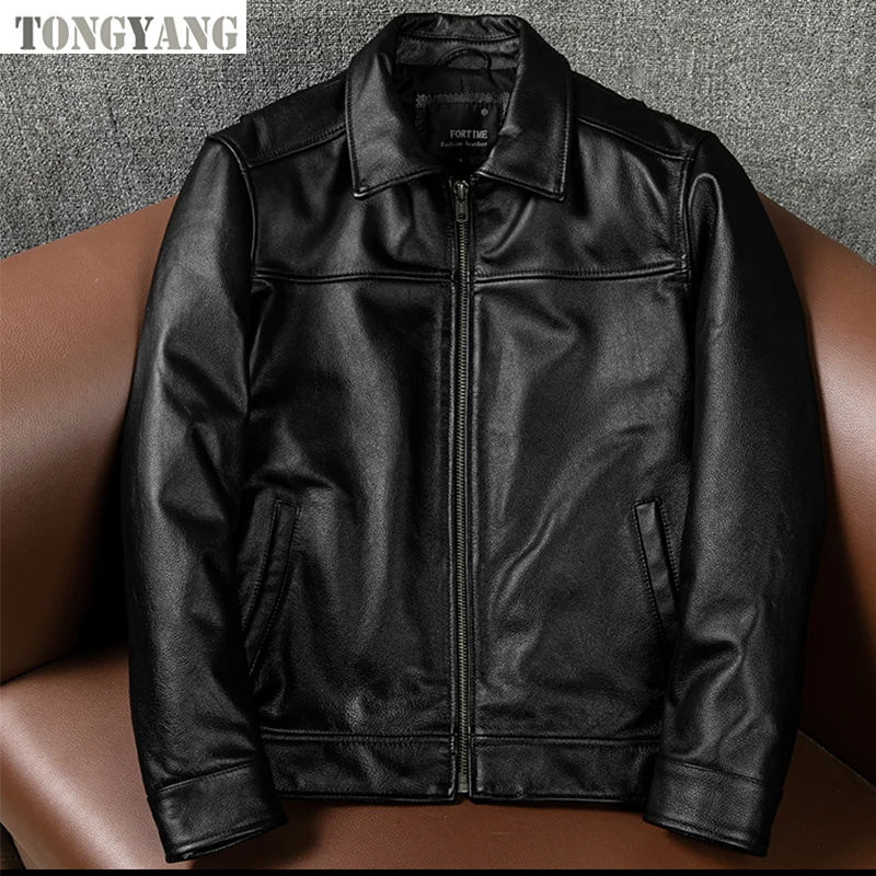 TONGYANG Mens Genuine Leather Jacket Spring Autumn Short Casual Simple Real  Cow Leather Coat Man Brown Black Leather Jacket Male