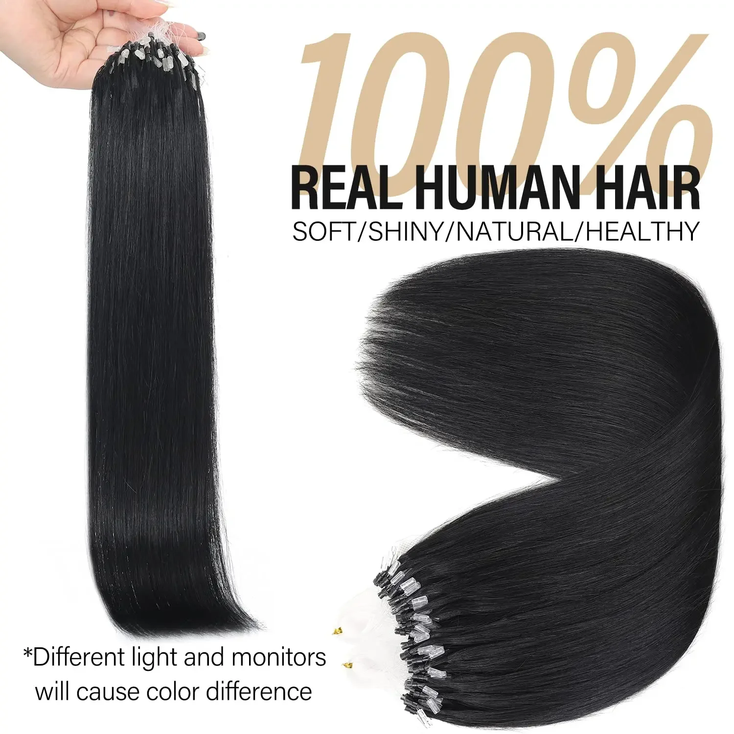 Extensii de păr Micro Ring, păr uman negru natural, cu perle Microlink, buclă dreaptă_voghion.com