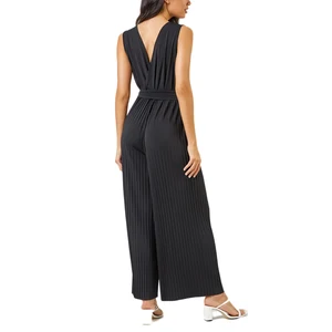 Women Jumpsuit Deep V Neck Sleeveless Wrap Waist Tie Detail Pleated Jumpsuit in Black Long Rompers Wide Leg Pants Suit