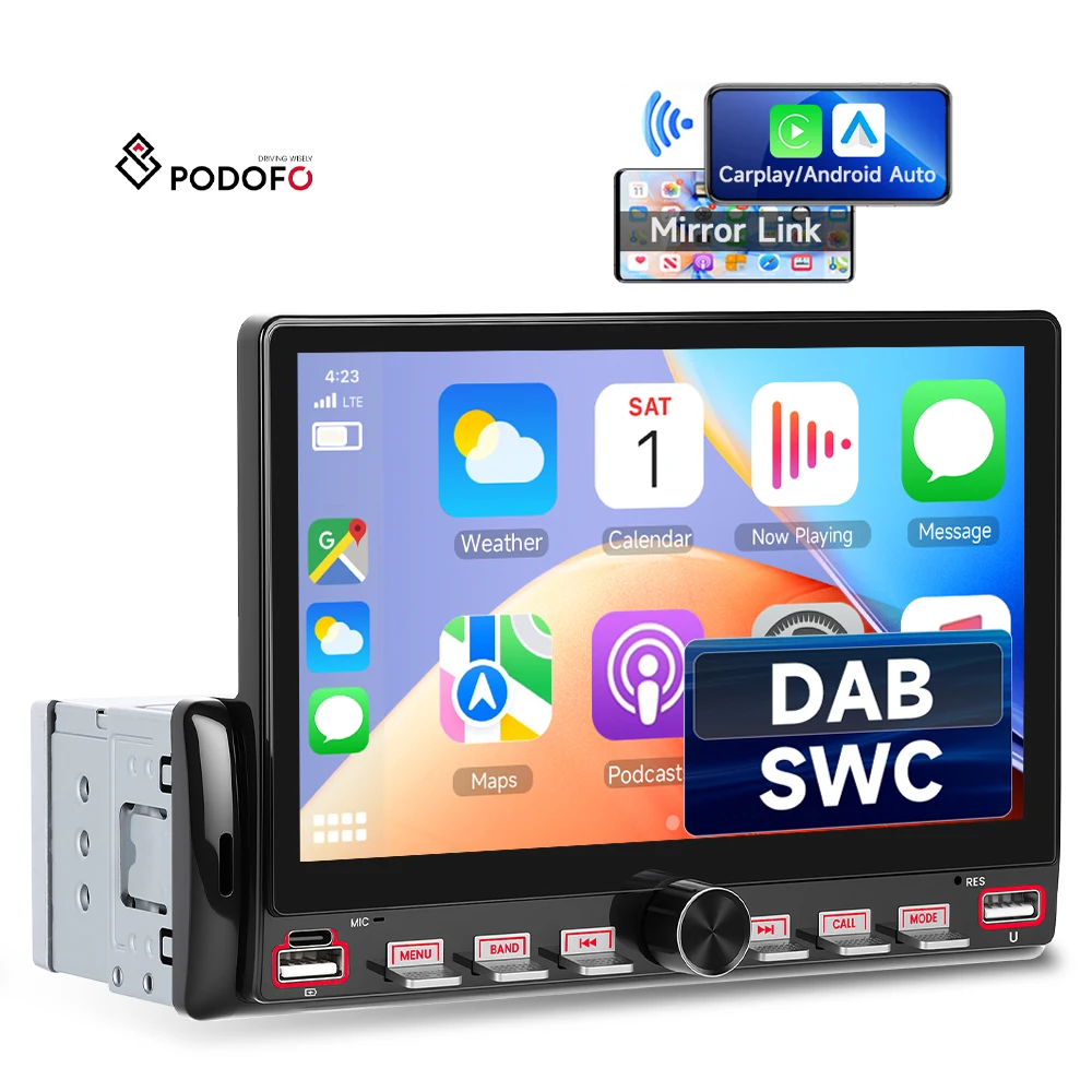 Podofo, 7″ автостерео 1 Din, HD MP5, багатофункційний мультимедійний пристрій для автомобіля, підтримка DAB/FM/AM/RDS, бездротовий CarPlay/Android Auto, колір-співпадаюче з інтер’єром, оригінальне обладнання, A4704
