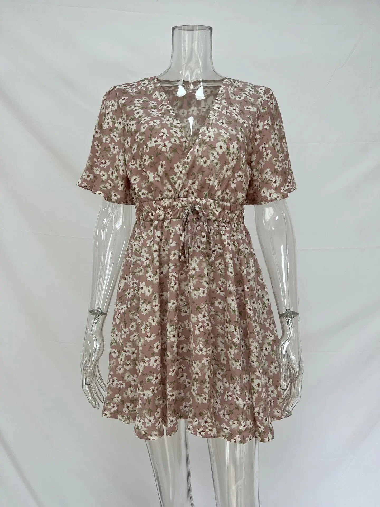 New design summer floral maxi dress high waist V neck women chiffon flower printing short sleeve casual dresses