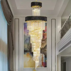 Pendant Light Modern Luxury Villa Lobby Staircase Indoor Crystal Long Chandelier Hanging LED Gold Smokey Grey Metal Light