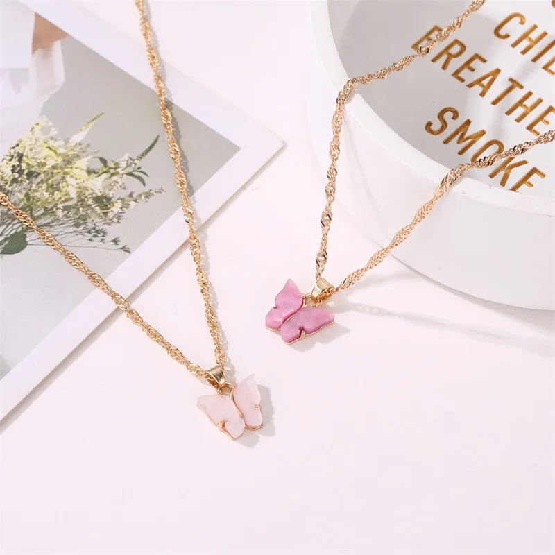 Sweet Acrylic Color Butterfly Necklace 