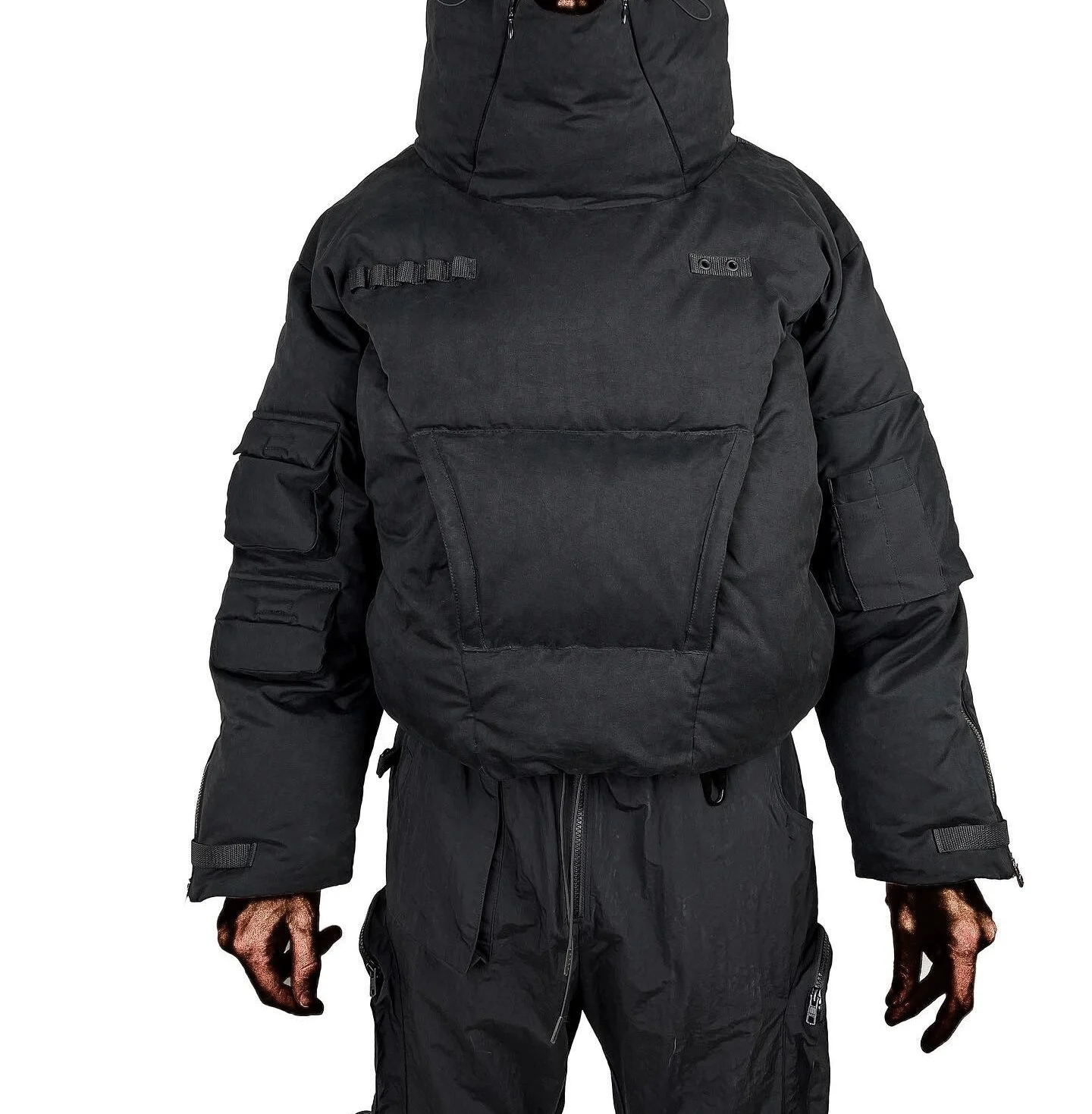 Custom Streetwear Men's Down Coat Pullover Blank Cargo Pockets Black Lightweight Bubble Winter Goose Down Puffer Jacket for Men gallery 2