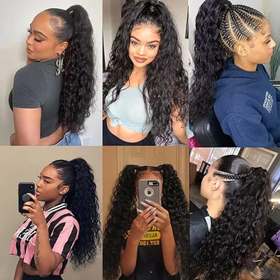 Water Wave Ponytail Extensions 100% Menselijk Haar Natuurlijk Zwart Rond Ponyhaar Braziliaanse Remy_voghion.com