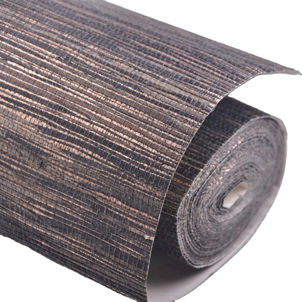 Natural Brown Raw Help Plant Metal Bottom Grasscloth Wallpaper Restaurant Wall Design Material Chinese Traditional Art