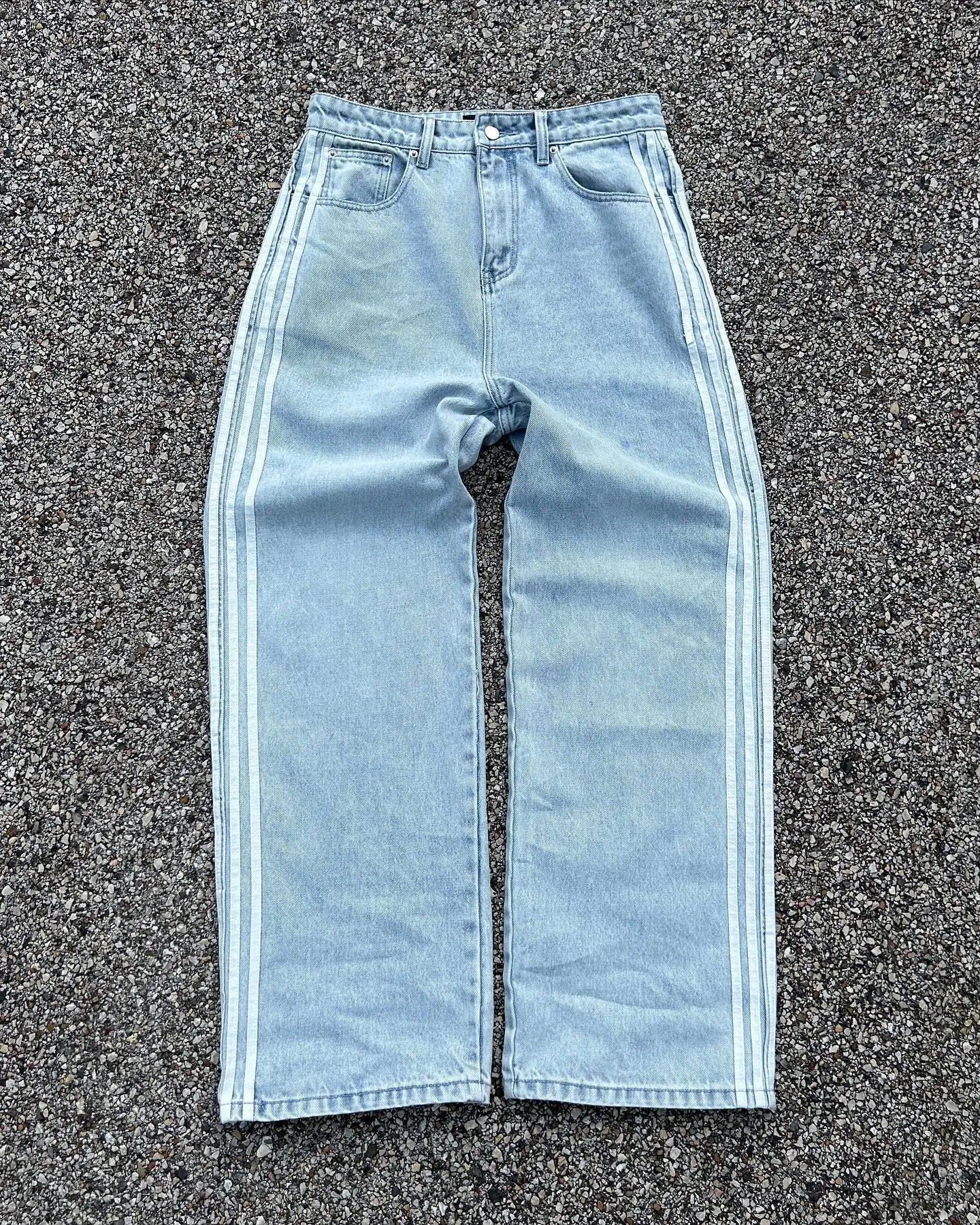 Custom Designer High Waist Skater Oversized Side Striped Wide Leg  Distressed Vintage Washed Baggy Flare Denim Pant Jean Men - Main Image