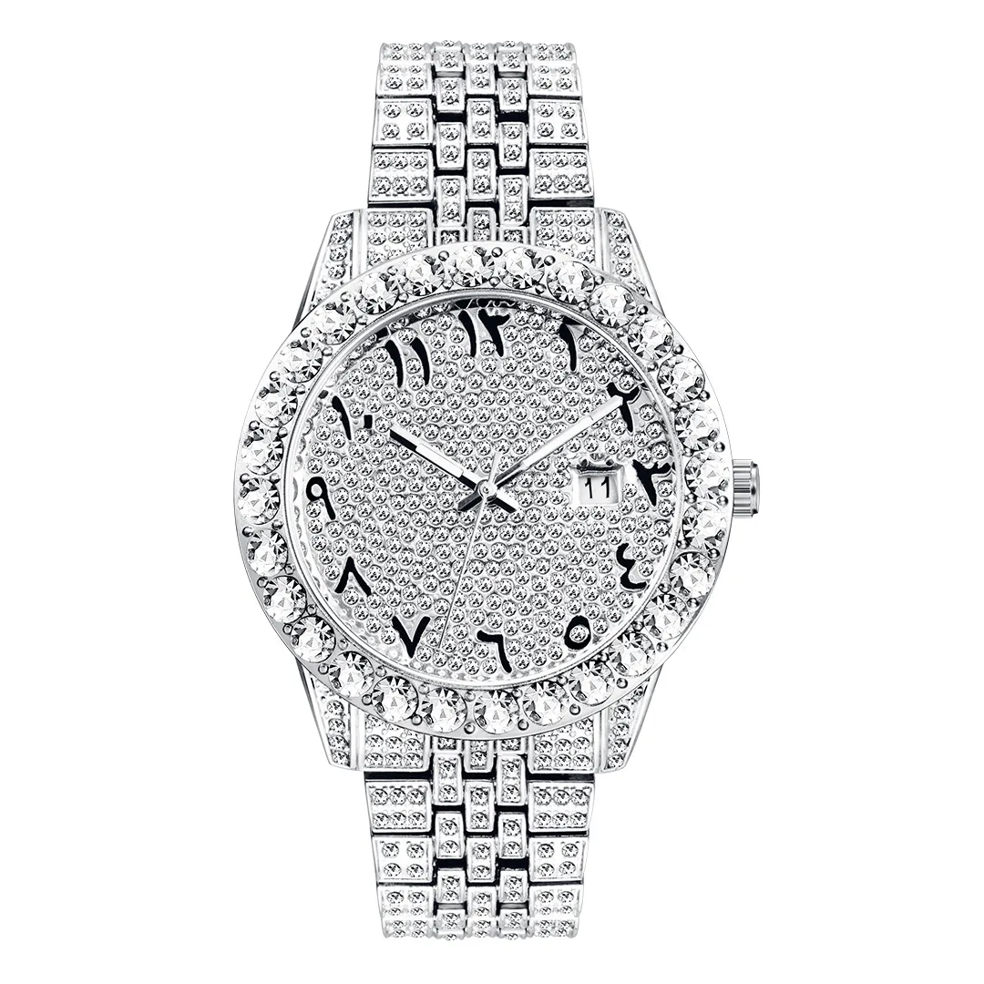 2022 New Hip Hop Watch Iced Out CZ Full Rhinestone Light Blue Big Dial Roman Numerals Luxury Diamond Quartz Watches