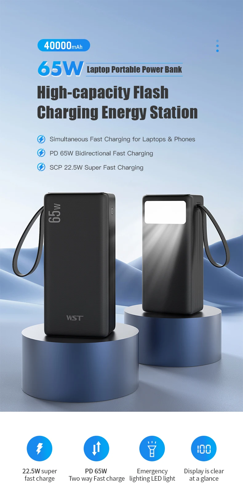 WST trending products 2023 new arrivals mobile power bank portable power bank 40000mah power bank