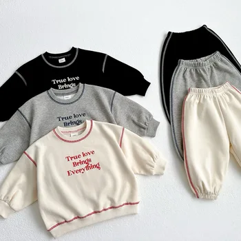 Children's suit 2024 Autumn new boys' letters embroidered sweater + Trousers casual two-piece suit