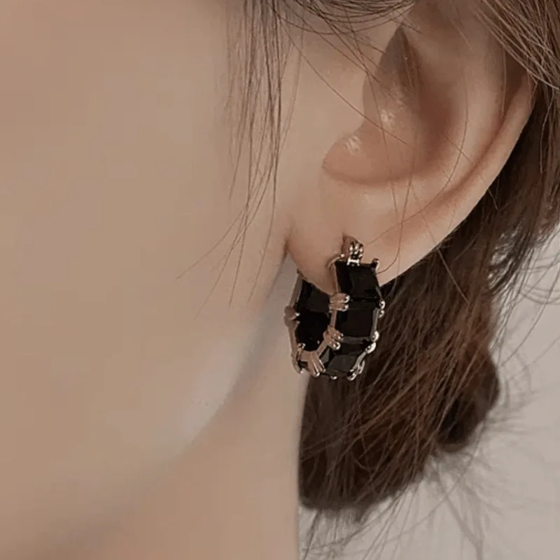 Elegant Black Crystal Zirconia Hoop Earrings
