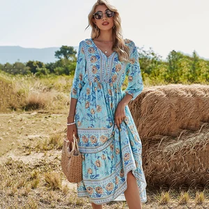 Bohemian Print Midi Dress for Women 2022 Summer Spring  Loose Elegant Holiday Beach Long Dresses Vestidos