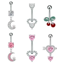 10Pcs/Set 316L Steel Perforated Cherry Heart Zircon Belly Ring Dangle Ladies Imitation Pearl Piercing Navel Ring Body Jewelry