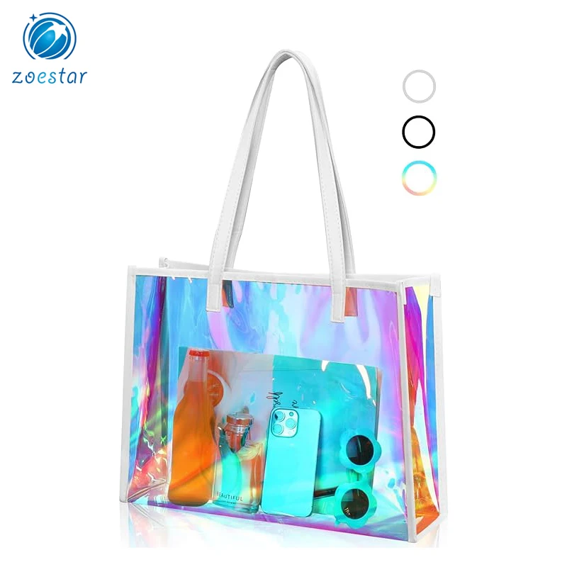 Portable Holographic Clear Tote Bag with Leather Handle Iridescent Bachelorette Beach Bag for Work Stadium Travel manufacture