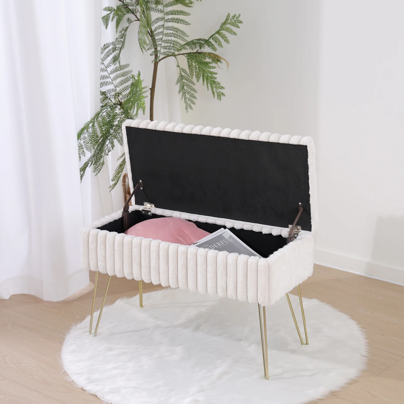 High Quality Modern Faux Fur Flip Top Storage Bench Bed End Stool Foot Rest for Bedroom and Living Room Entryway