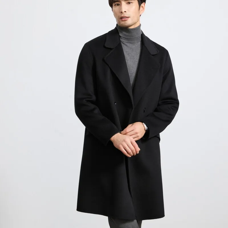 Double-breasted 100% Wool Men's Mid-length Autumn/winter Thick Warm Overcoat Trench Coat Turn-down Collar Anti-wrinkle Wool Coat